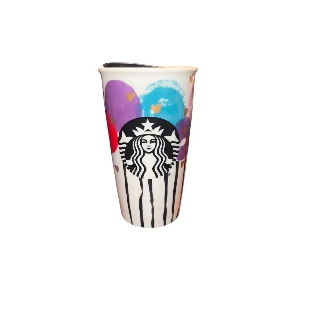 Starbucks 2016 Valentine BALLOON HEARTS Travel Tumbler 12oz Mug DBL Wall Ceramic